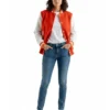 women's orange wool & white leather varsity jacket front full look