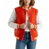 women’s orange wool & white leather varsity letterman jacket front view