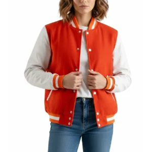 women’s orange wool & white leather varsity letterman jacket front view