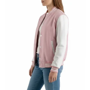 womens pink wool & white leather varsity letterman jacket side view