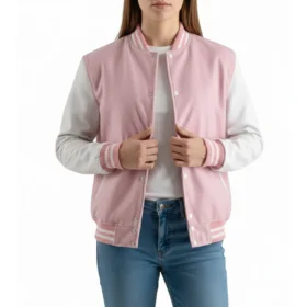 Women’s Pink Wool & White Leather Varsity Jacket