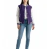 women's purple wool & white leather varsity jacket front full look