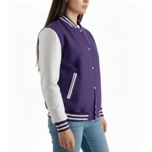 womens purple wool & white leather varsity letterman jacket side view
