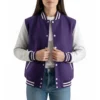 women’s purple wool & white leather varsity letterman jacket front view