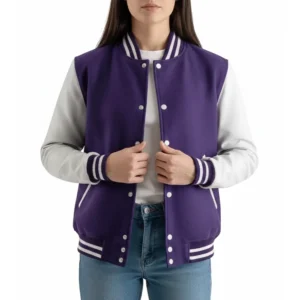 women’s purple wool & white leather varsity letterman jacket front view