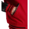 womens red wool and black leather varsity letterman jacket pocket close-up