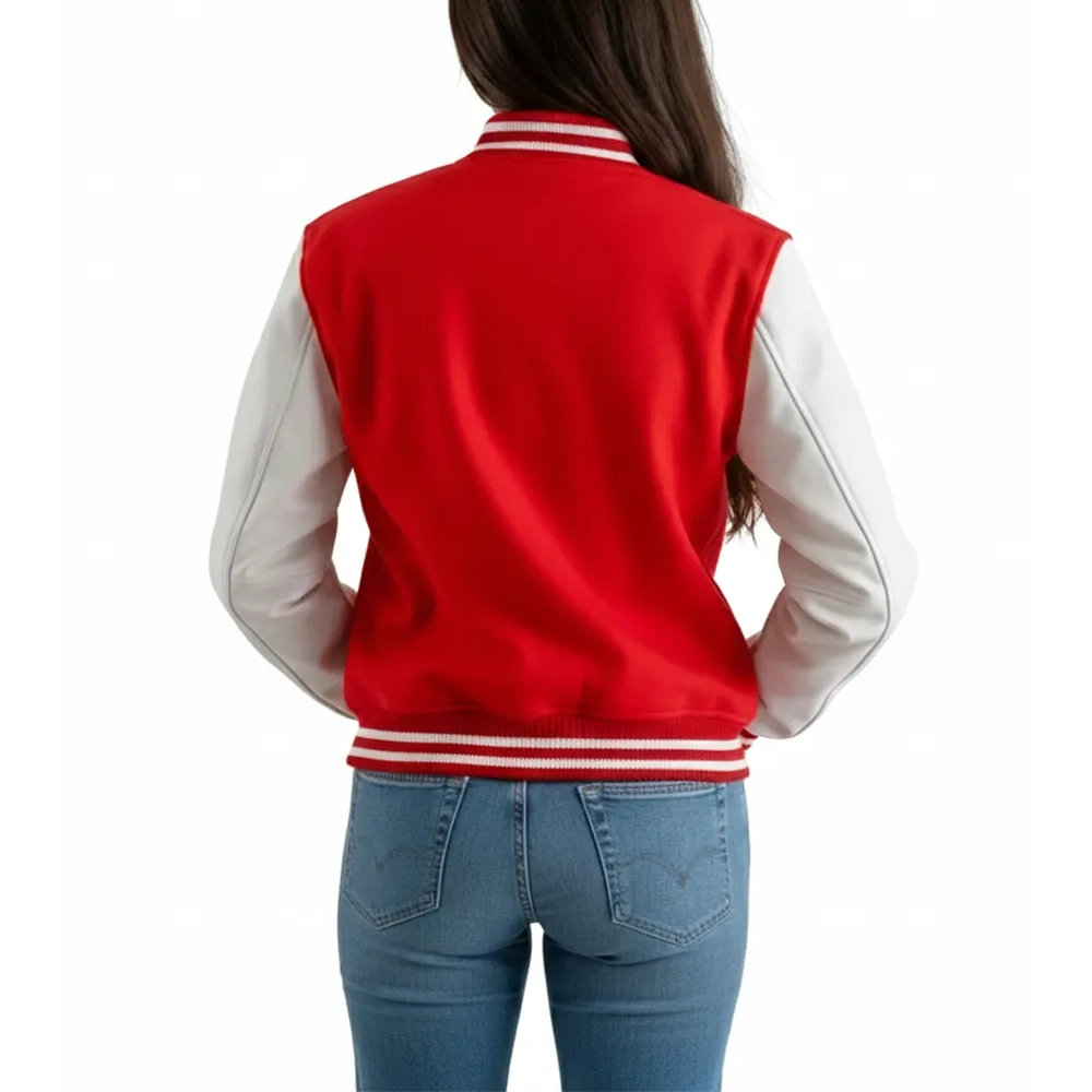 women's red wool and white leather varsity letterman jacket back view