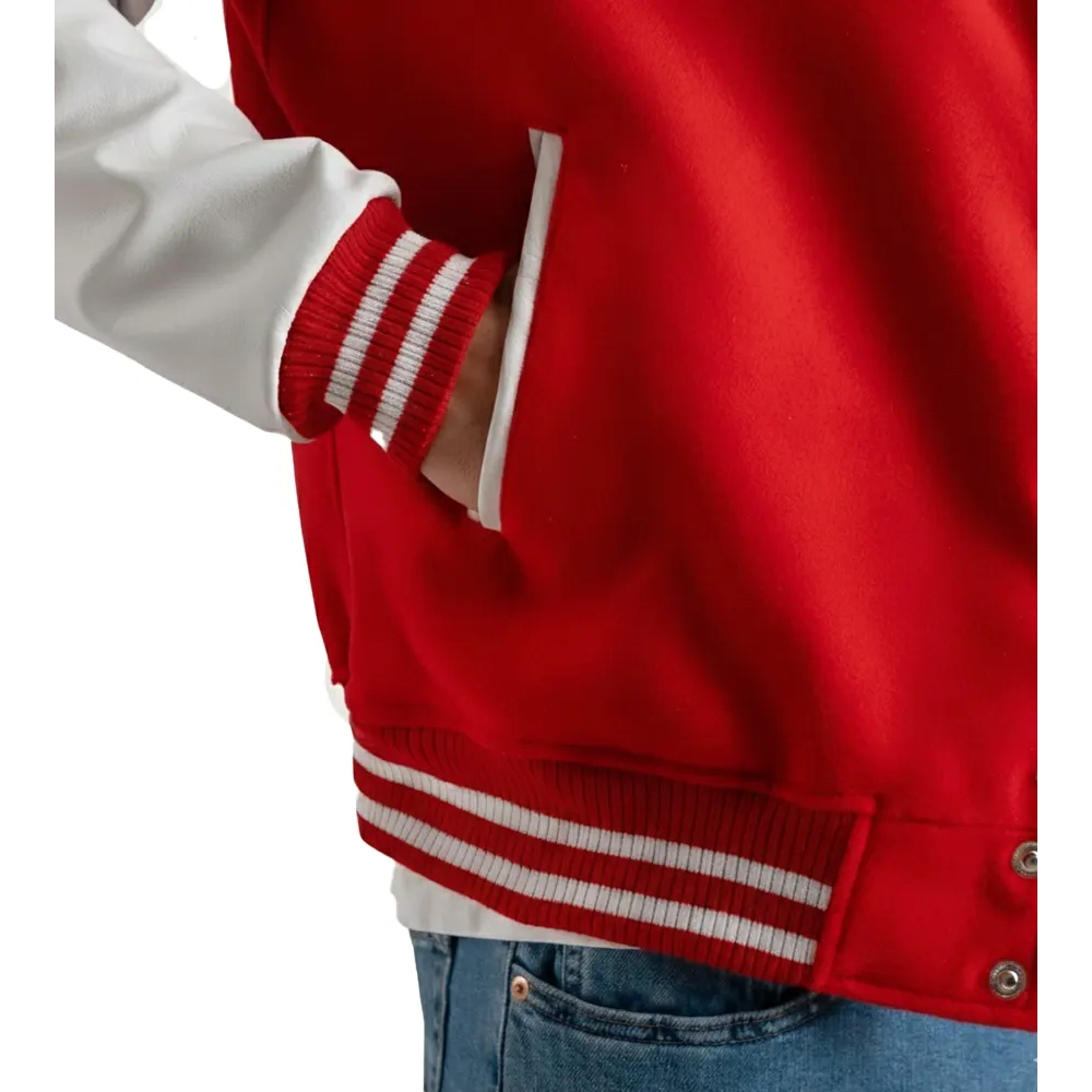 womens red wool and white leather varsity letterman jacket pocket close-up