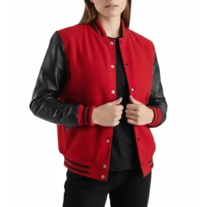 women’s red wool & black leather varsity letterman jacket front view