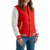 womens red wool & white leather varsity letterman jacket side view