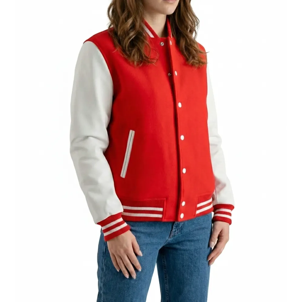 womens red wool & white leather varsity letterman jacket side view