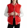 women’s red wool & white leather varsity letterman jacket front view