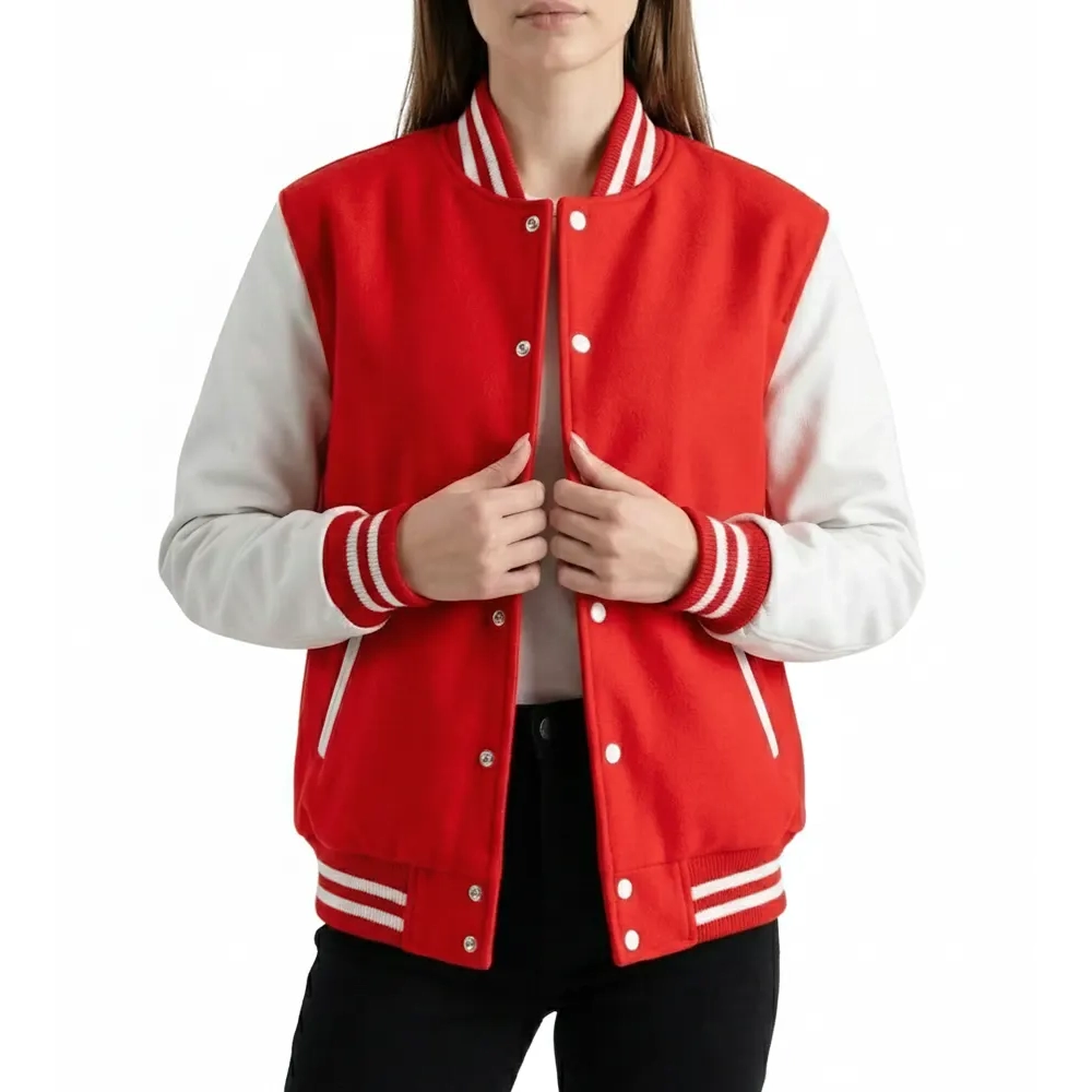women’s red wool & white leather varsity letterman jacket front view