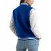 women's royal blue wool and white leather varsity letterman jacket back view
