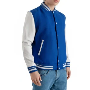 womens royal blue wool & white leather varsity letterman jacket side view