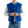 women’s royal blue wool & white leather varsity letterman jacket front view