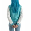 women's teal aqua wool and white leather varsity letterman jacket back view