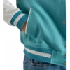 womens teal aqua wool and white leather varsity letterman jacket pocket close-up