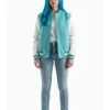 womens teal aqua wool white leather varsity jacket