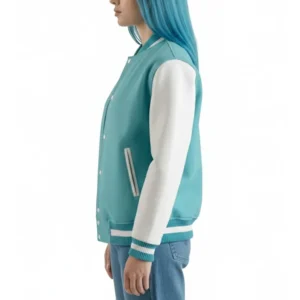 womens teal aqua wool & white leather varsity letterman jacket side view