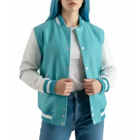 Women’s Teal Aqua Wool & White Leather Varsity Jacket