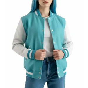women’s teal aqua wool & white leather varsity letterman jacket front view