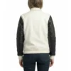 women's white wool and black leather varsity letterman jacket back view