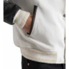 womens white wool and black leather varsity letterman jacket pocket close-up