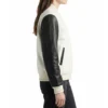womens white wool & black leather varsity letterman jacket side view