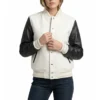 women’s white wool & black leather varsity letterman jacket front view