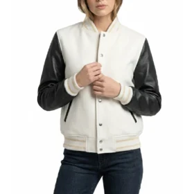 Women’s White Wool & Black Leather Varsity Jacket