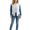 womens white wool blue leather varsity jacket