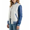 womens white wool & blue leather varsity letterman jacket side view