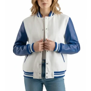 women’s white wool & blue leather varsity letterman jacket front view