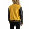 women's yellow wool and black leather varsity letterman jacket back view