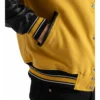 womens yellow wool and black leather varsity letterman jacket pocket close-up