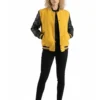 womens yellow wool black leather varsity jacket