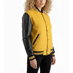 womens yellow wool & black leather varsity letterman jacket side view
