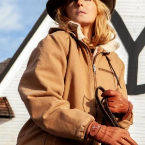yellowstone beth dutton horse riding wearing brown hoodie cotton jacket