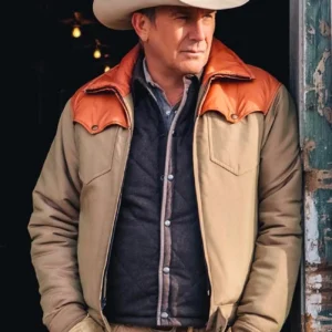 yellowstone john dutton beige & orange cotton jacket front view
