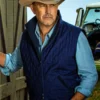 yellowstone john dutton blue quilted vest and wearing hat