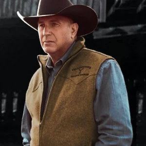 yellowstone john dutton wearing brown wool vest and hat