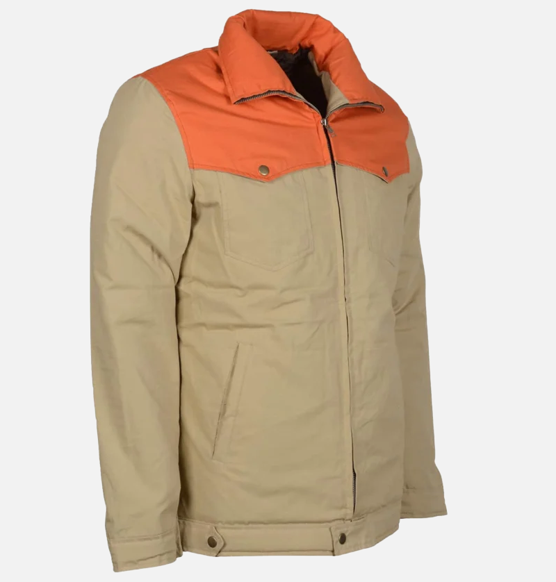 yellowstone john dutton orange and beige cotton jacket side view