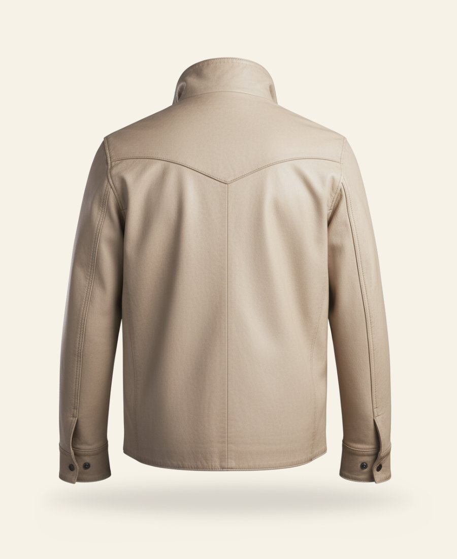yellowstone series john dutton cream white leather jacket back view