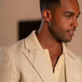 Emily In Paris S05 Lucien Laviscount Neutral Linen Pinstripe Blazer