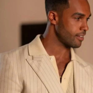 Emily In Paris S05 Lucien Laviscount Neutral Linen Pinstripe Blazer