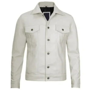 Men's White Leather Trucker Biker Jacket