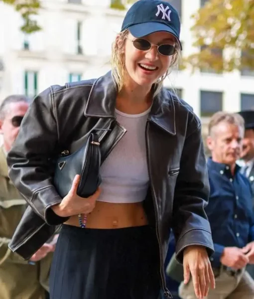 Gigi Hadid Distressed Black Leather Jacket - Image 2