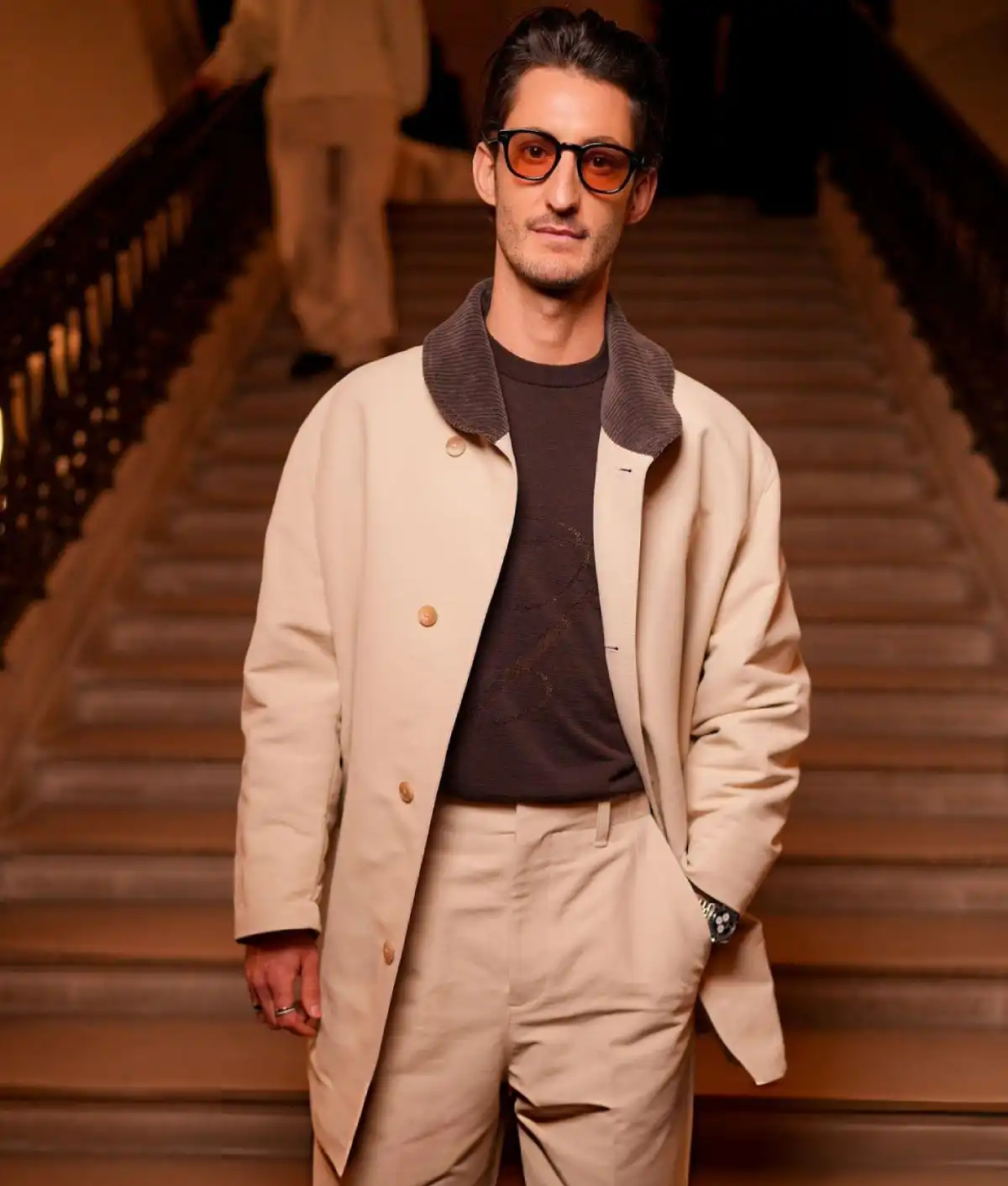 Pierre Niney Paris Fashion Week Beige Coat