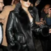 Rihanna NYC Fur Trim Black Leather Coat